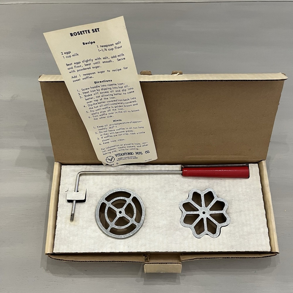 Vintage Vitantonio Iron Rosette Set Mold 2 Rosettes Shapes Recipe Card #189